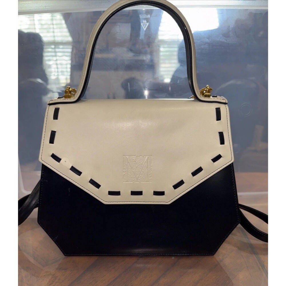 MADRAS Black & White Leather Structured Satchel With Crossbody Strap GUC